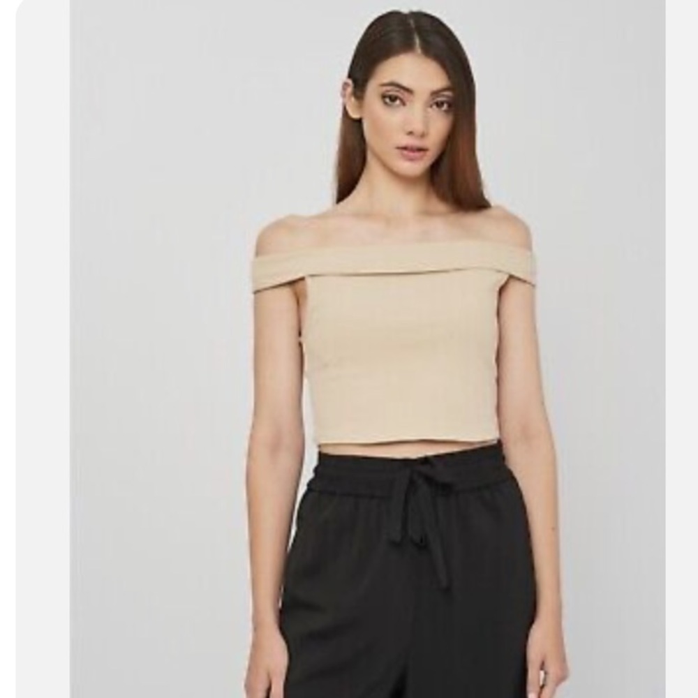 ZARA | Off The Shoulder Ribbed Beige Crop Top Sz M